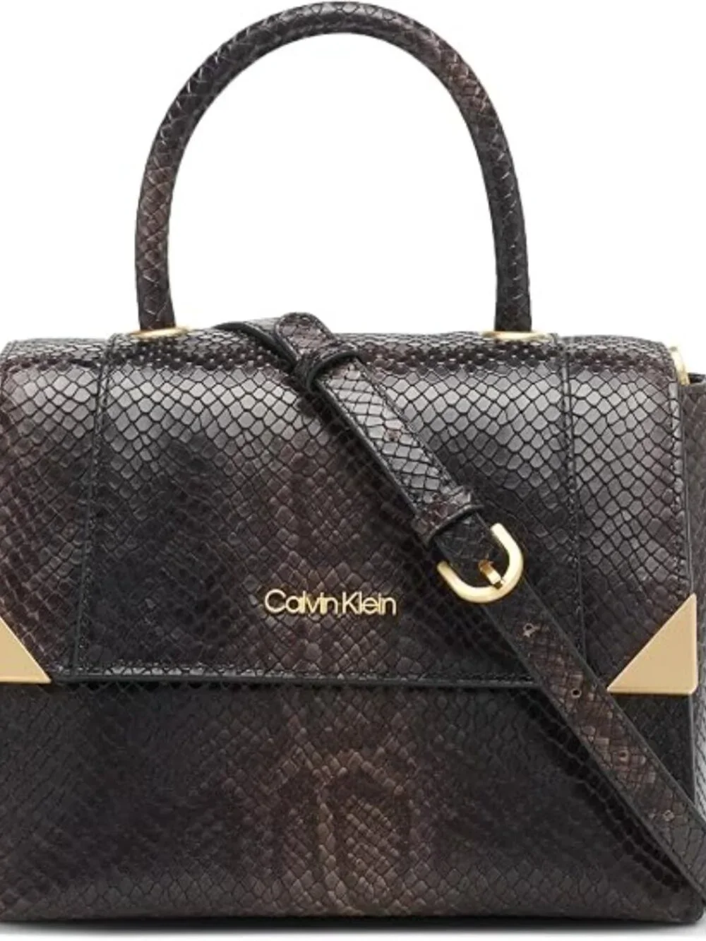 Calvin Klein Snakeskin Fern Top Handle Leather Satchel Crossbody Gold Hardware